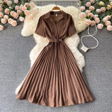 Summer Vintage Women Pleated Dress Red/Pink/Brown Turn-Down Collar Short Sleeve High Waist Casual Draped A-Line Vestido New