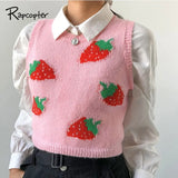Strawberry Sweaters Pink Crop Top Sleeveless O Neck Cute Tank Top Preppy Style Retro Knitwear Jumper Autumn Winter