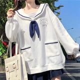 QWEEK Kawaii Hoodies Women Sailor Collar Sweatshirt Japan Style Oversized Soft Girl Navy Long Sleeve Top Funny Bear