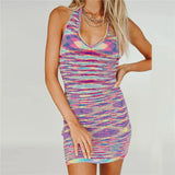 Sexy Backless Knitted Mini Party Dress Summer New Skinny Vacation Halter Green Clubwear V-Neck Bodycon Dresses