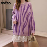 Aproms Elegant Green Striped Print Oversized Pullovers Women Winter O-Neck Loose Long Sweaters Streetwear Warm Outerwear