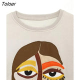 Women Fashion Front Character Print Loose Fleece Sweatshirts Female Long Sleeve Retro Hoodies Chic Pullovers Tops