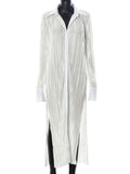 Turn Down Collar Midi Dress Folds Split Button Casual 2021 Autumn Long Sleeve Elegant Sexy Vintage Chic White