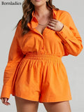 Women Tracksuits Shirt with Mini Shorts 100% Cotton Two Pieces Sets Fashion Outfits Women Blouses Short Sets