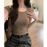Style Simple Shoulder Short-Sleeved T-Shirt Women's Summer Thin Style Design Feeling Solid Color Full-Fitting Spicy Girls Short-Style Blouse-Outfit
