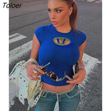 Top Y2K Tops Letter Print Tshirt O Neck Short Sleeve Tees Women Clothes Solid Baic Blue 90s Causal Streetwear Black T