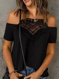 Short Sleeve T-Shirts Lace Splicing Cold Shoulder Blouse Patchwork Solid Color Tops Camisetas Y2k Clothes Tank