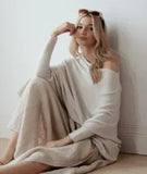 Autumn Winter Sweaters Full Sleeve Women Tops Solid Slash Neck Casual Loose Knitted Pullovers Regular Slim Fit Splice-Outfit
