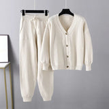Winter Fashion Knitted Two Pieces Suits V Neck Button Loose Cardigan+Pocket Drawstring Long Pant Women Sweater
