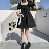 Women Black Fairy Puff Sleeve Sweet Mini Vintage Party Lovely Female Simple Japanese Style Popular Summer Square