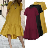 Dress Holiday Summer ZANZEA Short Sleeve Sundress Solid Casual Kaftan Ruffles Loose Vestidos Pockets O-Neck Robe