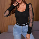 Toloer Women's Wear 2024 Summer New U Collar Mesh Sleeve Splicing Pure Color Versatile Show Thin Temperament T-Shirt Women's Top-Outfit