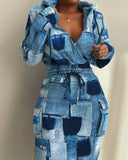 Elegant Printed Waist Pocket Dress
