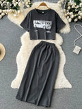 Women Casual Fashion Two Pieces Suits Print Short Sleeve T Short+Split Mid Long Skirt Suits Female Summer Vinage