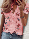 Boho Floral Print Slim Shirt Office Lady Retro Tops Women Casual Short Sleeve Sexy V-neck Ruffles Blouse 2022