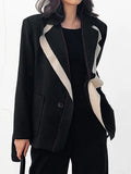 Women Black Contrast Color Burr Blazer New Lapel Long Sleeve Loose Fit Jacket Fashion Tide Spring Autumn 2023