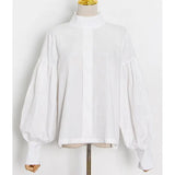 Solid Color Ruched Casual Shirts For Women Puff Sleeves Loose Oversized Shirts Female 2022 Autumn Fashion