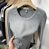 Long-Sleeved T-Shirt Slim And Slim In Autumn And Winter With Threaded Design Feeling Bottomed Blouse Women's Low-Collar Unique Blouse-Outfit