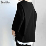 Womens Baggy Solid Blouse ZANZEA 2022 Vintage Flare Sleeve Tops Casual Autumn Blusas Female Split Tunic Oversized