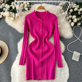 Autumn Striped Knitted Dress Women Lapel Button Sheath Warm Dress Ladies Fashion Solid Elastic Waist Sweater