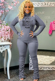 Casual Letter Print High Collar Long Sleeve Top And Stacked Pant Two Piece