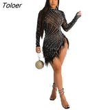 Bead Sleeve Dresses Diamonds Clothing Feather Dress Women Slim Women's Hot Drill Outfit Party Club Fashion Sexy