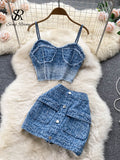 Women Summer Sexy Denim Set Strapless Sling Zipper Design Tops + Short Button Mini Skirt Short Jeans Two Piece