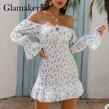 Floral printed bodycon bare shoulder short dress Women summer sexy ruffled puff sleeve holiday boho cotton dress