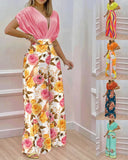 Two Piece Set Women Fashion V-neck Bat Sleeve Top Printed Wide-leg Pants Suit Casual Two Piece Set
