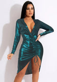 Metallic V-Neck Ruched Strings Midi Club