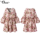 Bohemian Women Floral Printed Dress 2022 Celmia Summer Lace Up V Neck Beach Party Mini Vestidos Elegant Flared Sleeve