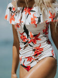 Female Bikini One-piece Swimsuit Conservative Solid Color Printed Ruffle Sexy Swimsuit Hollow Cut Flower Female