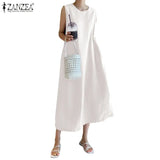 Sleeveless A Line Robe Beach Casual Loose Vestidos 2021 Summer Cotton Linen Tank Dresses ZANZEA Fashion Solid Maxi