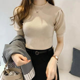 Turtleneck Knitted Summer Tops Woman Simple Slim Short Puff Sleeve Shirts Soft Solid Spring Shirt Tees Female Chic