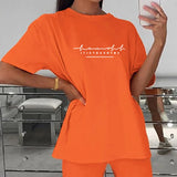 Letter Print Casual Women Suit Short Sleeve Oversized TShirt Elastic Slim Shorts Fashion Sreetwear Suit Two Pieces
