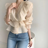 Hong Kong Flavor Lotus Leaf Side V-Neck Shirt 2025 Design Feeling Waist Thin Chiffin Shirt