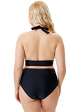 Halter Plunge Neck Solid Lace Up Plus Size Two Piece