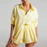 Loungewear Women Blue Suits With Shorts Casual Loose Long Sleeve Cardigan Shirt Two Piece Set Sleepwear Summer