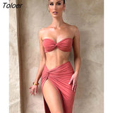 Elegant Strapless Sexy Two Piece Set Women Sleeveless Crop Top And High Split Skirt Matching Sets Party Dress