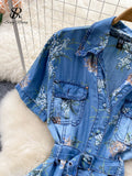 Denim Floral Print Women Dress Single Breasted Slim Sashes Pocket Summer 2022 Ladies A Line Long