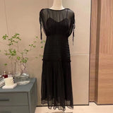 TWOTWINSTYLE Ruched Tank Dress For Women Round Neck Sleeveless High Waist Solid Minimalist Midi Dresses Female Summer