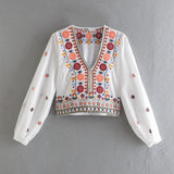 Women's Summer New Retro V-Neck National Style Embroidered Top + High-Waisted Cascade Skirt
