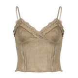 Trendy Lace Lace Spliced Suede Halter Top 2024 New Hot Girl Sexy V-Collar Slim Vest-Outfit