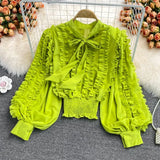 Autumn Women Ruffle Blouse Vintage Bow Collar Lantern Long Sleeve Short Tops Female Purple/Rose Red/Green/White Shirts