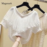 Lace Blouse Women New Short Sleeve Ruffle Stitching Chiffon Shirt V-neck Slim Sweet Solid Korean Chic Tassel Tops