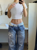 y2k Printed Blue Jeans Kawaii Baggy Straight Trousers Retro Streetwear Pockets Zipper Denim Joggers Women Hot Mom