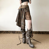 Wasteland Breeze Niche Design Lattice Crash Color Irregular Splicing Lace Open Forked Retro Skirt
