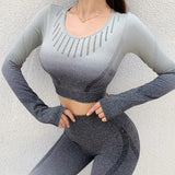 New Women's Fitness T-Shirt Sport Crop Top Long Sleeve Layer Crew Neck Power Stretch Gradual Crop Top Sexy Gym