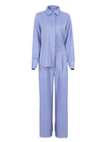Blue Elegant 2 Piece Women Pantsuit Office Satin Outfits Button Shirts And Wide Legs Long Pants Oversize Suit