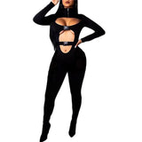 Women Bodycon Jumpsuit Solid Color Overalls Long Sleeves Rompers Bodysuits High Neck Hollow Out Buckle Biker Short